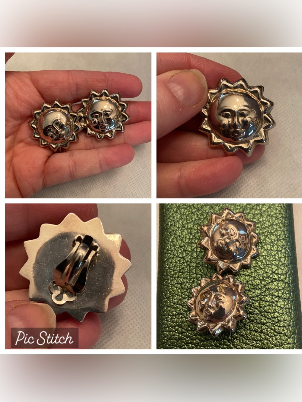Vintage 925 Made In Mexico Sterling Silver Sun Clip Earrings